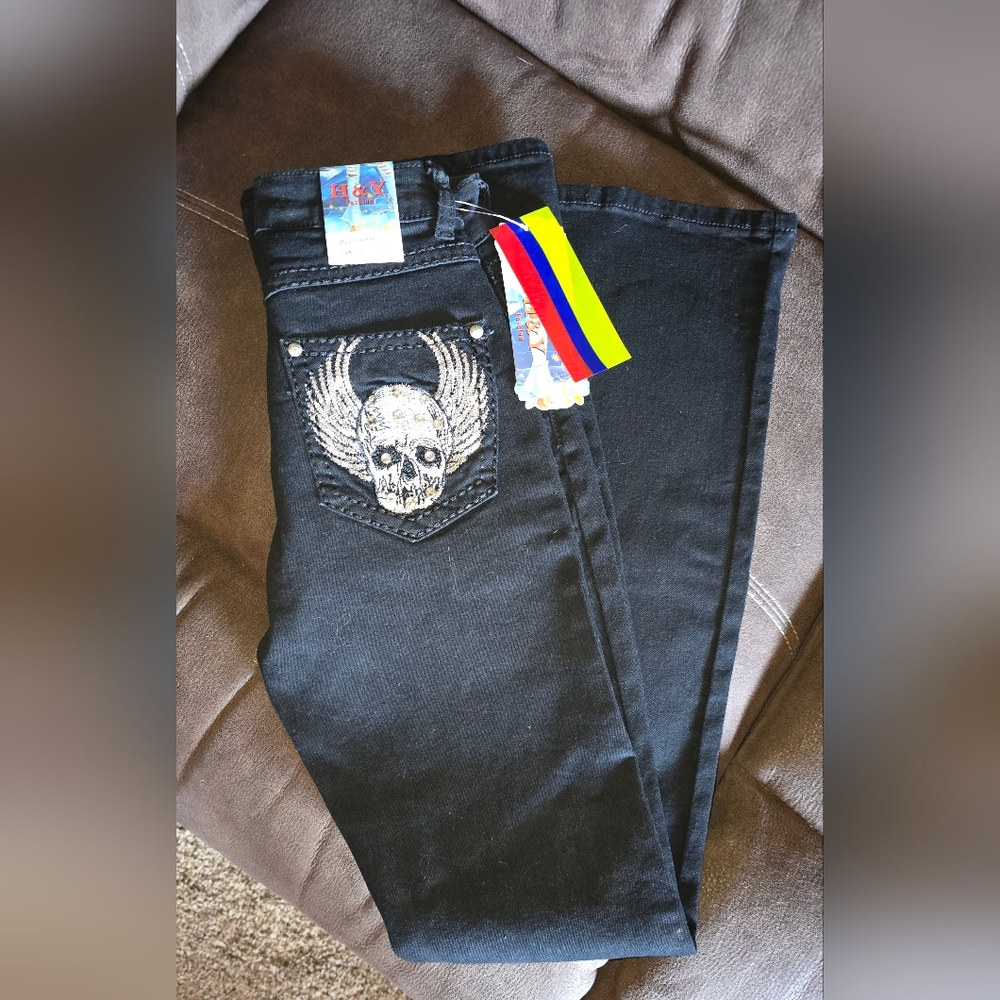 NWT! Black Bootcut Denim Jeans w/Skull Embellishments (H&Y, Sz. 1/2)